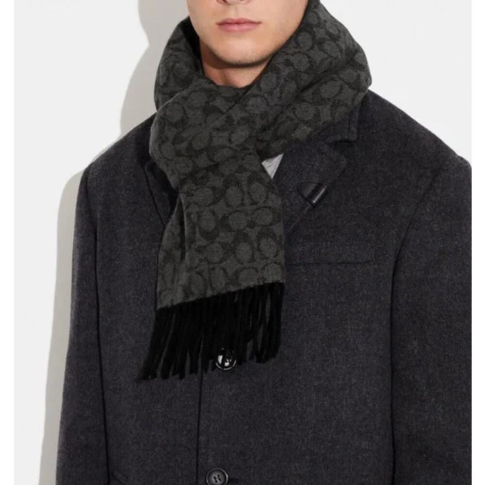 Coach 76057 Signature Wool Cashmere Scarf Designer Luxury Warm Soft Fringe Gray - Picture 1 of 6